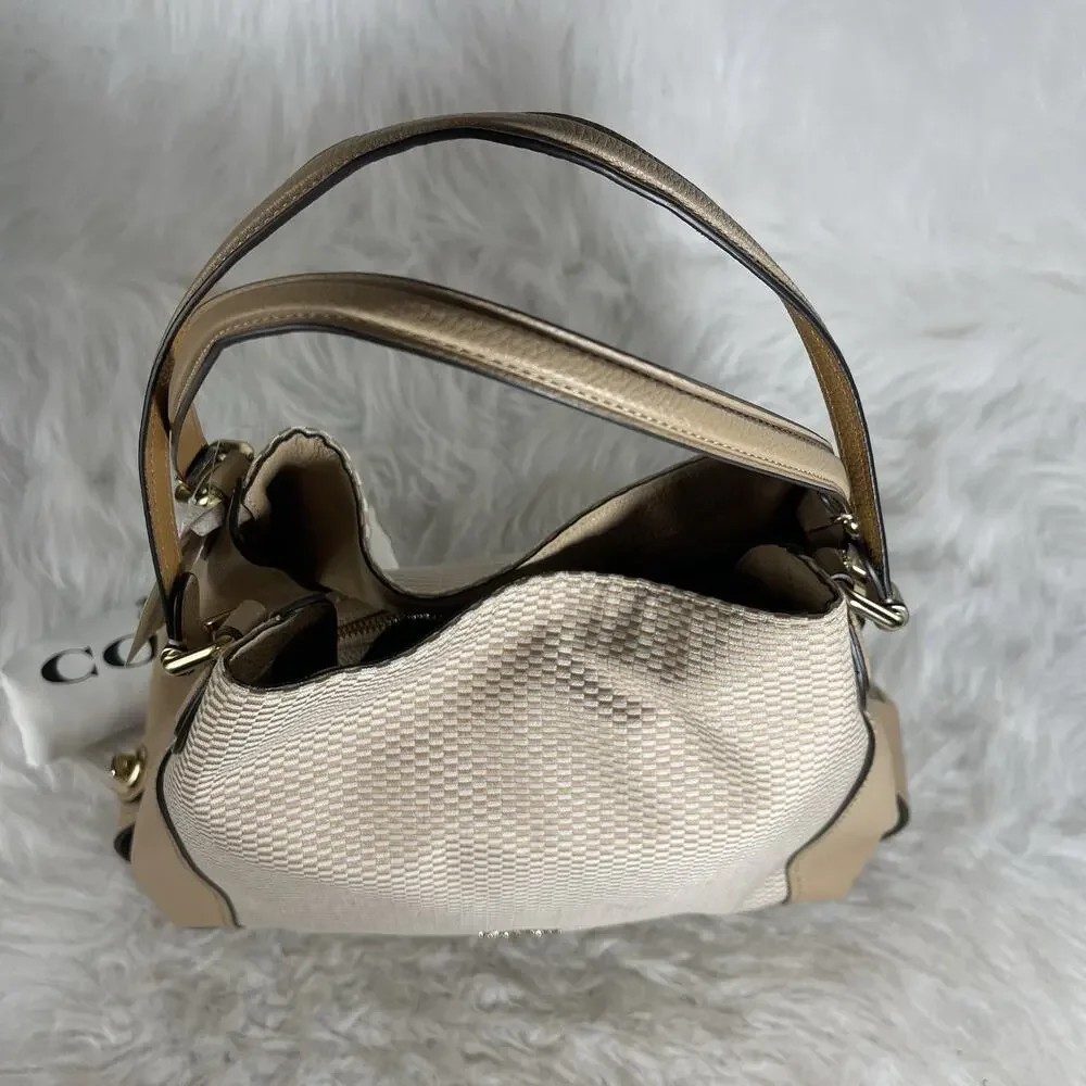 Coach Women’s Beige Woven Pebbled Finish Shoulder Bag, Gold Hardware, Tag